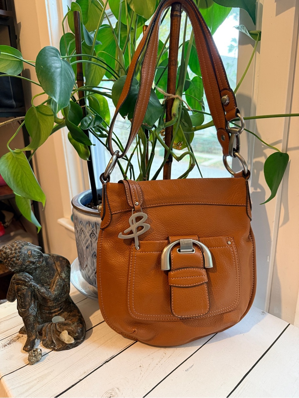 B. Makowsky | Cognac Pebbled Leather Shoulder/Crossbody Bag with Buckle Detail